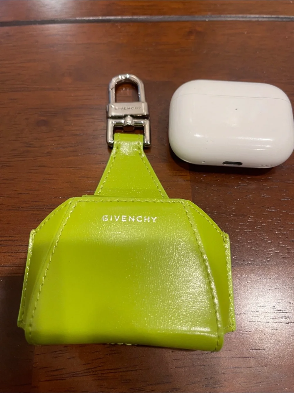 Givenchy Lime Green Leather Earbud Case with Silver Clip